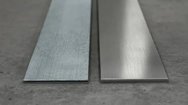 Dwa metalowe paski na szarym tle. Jeden z nich to szorstka stal ocynkowana, drugi gładki metal.