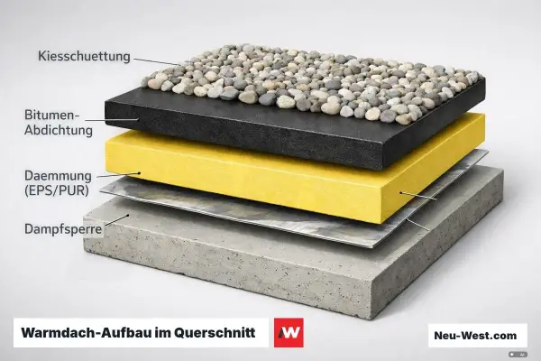 Schichtenaufbau eines Warmdach-Flachdachs: Beton, Dampfsperre, Dämmung, Bitumen-Abdichtung und Kiesschüttung.