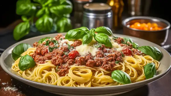 Ein Teller Spaghetti Bolognese, garniert mit frischem Basilikum und Parmesan. Perfekt für ein authentisches Spaghetti Bolognese Rezept.