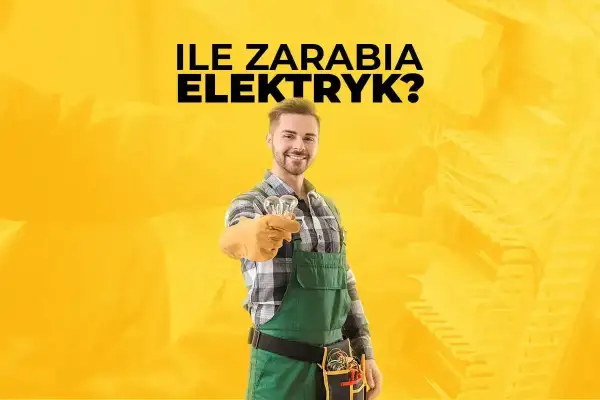 Uśmiechnięty elektryk w zielonym ogrodniczkach trzyma żarówki. Dowiedz się, ile zarabia elektryk i jakie są realia tej pracy.