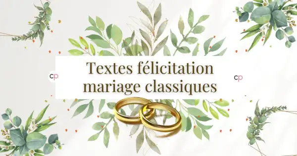 Anneaux d'or sur fond floral, avec le titre "Textes félicitation mariage classiques".