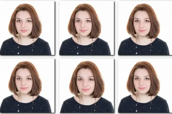 Sześć identycznych zdjęć do wizy młodej kobiety z rudymi włosami i naszyjnikiem.