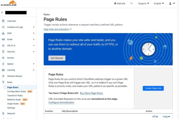 Panel Cloudflare z sekcją Page Rules. Umożliwia zarządzanie regułami dla domeny, np. przekierowanie ruchu. Dostępne są 3 reguły.
