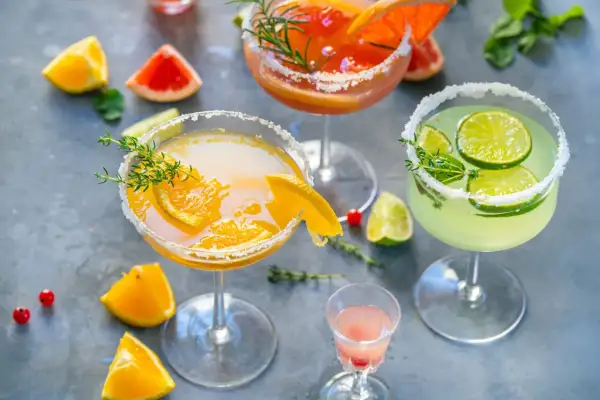 Orzeźwiające drinki z wódką: pomarańczowy, grejpfrutowy i limonkowy, udekorowane owocami i ziołami.