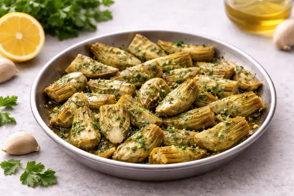 Deliziosi carciofi in padella, conditi con erbe aromatiche e aglio, pronti per essere gustati.