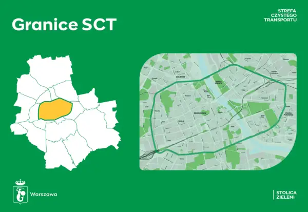 Mapa Warszawy z zaznaczoną żółtą obwódką, która wyznacza granice SCT – Strefy Czystego Transportu.