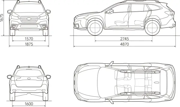 Rysunki techniczne Subaru Outback z wymiarami: wysokość 1675 mm, szerokość 1875 mm, długość 4870 mm, rozstaw osi 2745 mm, szerokość tyłu 1600 mm.