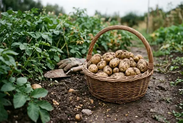 Frisch geerntete Kartoffeln in einem Korb neben einer Schaufel und Handschuhen. Die Frage "kartoffeln pflanzen wie tief" beschäftigt Gärtner.