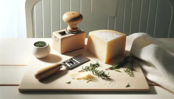 Ein Stück Parmesan liegt bereit, daneben ein Hobel und Kräuter. Perfekt für vegetarische Gerichte.