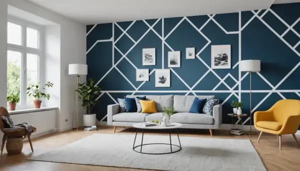Moderne Wohnzimmerwand mit geometrischem Muster. Tolle Ideen zum Wand streichen mit Muster abkleben für ein stilvolles Zuhause.
