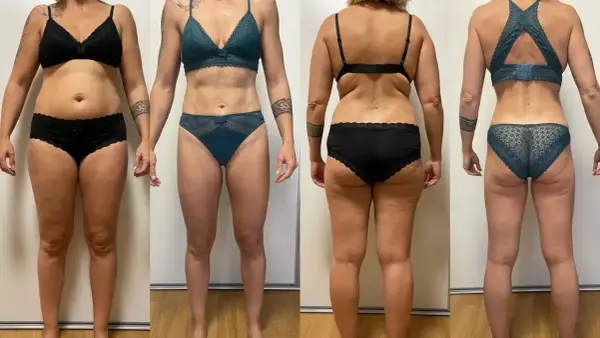 Avant/après : une femme en lingerie noire puis en lingerie verte. Elle a visiblement réussi à perdre 10 kg.