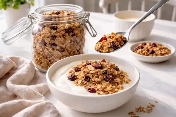 En sked med krispig, hemgjord egen granola toppar en skål med yoghurt. En glasburk fylld med samma granola står bredvid.