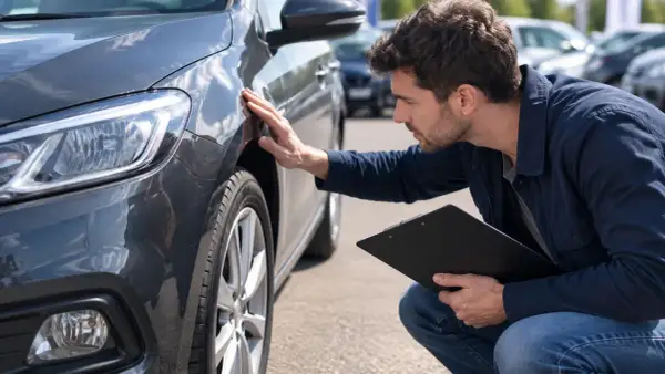 Un homme examine la carrosserie d'une voiture grise, peut-être une SP95 E10, avec un bloc-notes.
