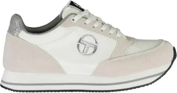 Sneaker Sergio Tacchini donna in camoscio e pelle bianca, con logo argentato e dettagli glitter sul tallone. Perfetta per un look casual chic.