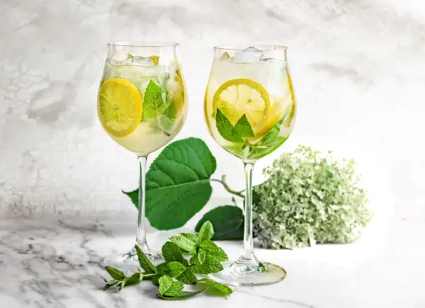 Dwa orzeźwiające drinki z cytryną i miętą, idealne na upalne dni. To może być pyszne hugo wino niemieckie.