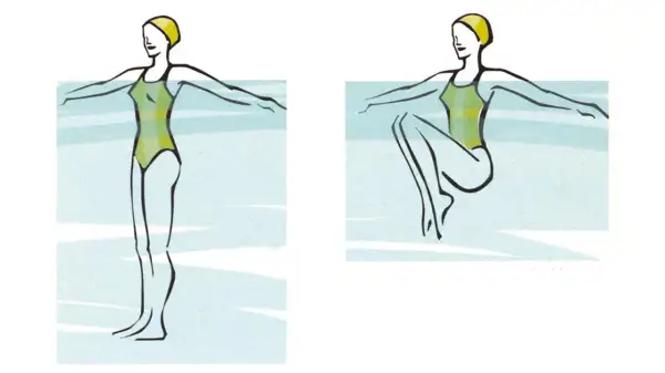 Esercizi di acquagym per dimagrire la pancia: una donna in piedi e poi accovacciata in acqua, con braccia aperte.