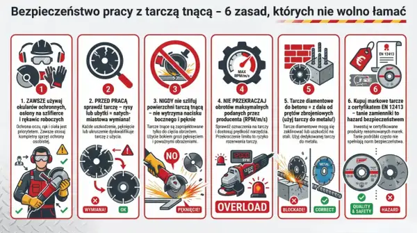 Grafika przedstawia 6 zasad bezpiecznej pracy z tarczą tnącą. Pokazuje m.in. konieczność używania okularów, sprawdzania stanu tarczy, unikania szlifowania nią, przestrzegania obrotów, używania odpowiedniej tarczy do materiału i kupowania certyfikowanyc...