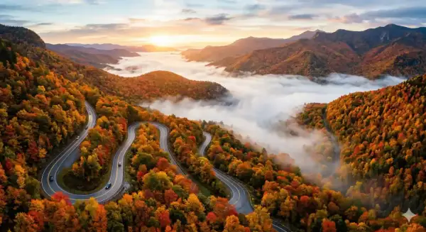 Winding mountain road through vibrant autumn foliage, with a sea of fog below. The scene has a beautiful bokeh no blur effect, capturing the crisp details of the fall colors.