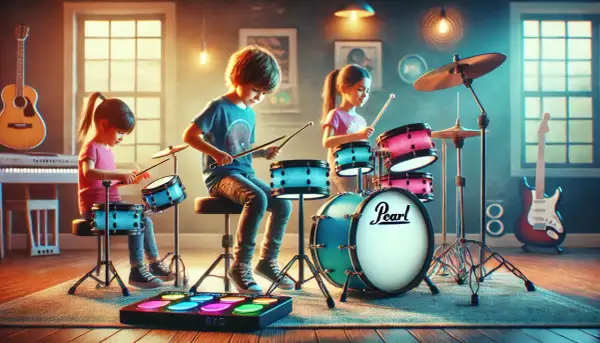 Dzieci grają na perkusji, tworząc muzykę. W tle gitara i keyboard. To wspaniały zestaw instrumentów dla dzieci.