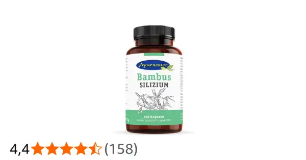 Braune Dose mit Ayursana Bambus Silizium Kapseln. Die positive Wirkung von Bambus Silizium für Haut und Haare wird oft hervorgehoben.