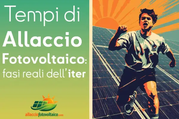 Tempi di allaccio fotovoltaico: un ragazzo corre verso il sole tra pannelli solari, simboleggiando l'energia pulita e il futuro.