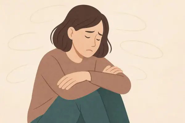 Ragazza triste con braccia incrociate, forse con scarsa autostima colpa dei genitori. Sfondo chiaro con forme ovali.