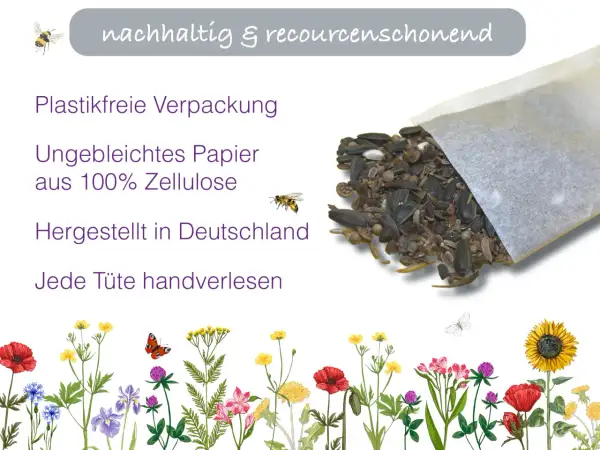 Ein Beutel mit Samen, darunter Buchweizenpflanze, Sonnenblumenkerne und andere Körner, umgeben von bunten Blumen und Schmetterlingen.