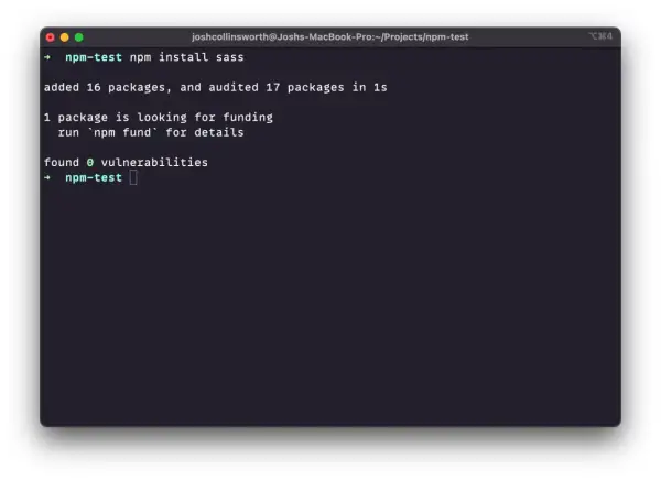 Terminal affichant la commande `npm install sass` sur Debian, avec succès.