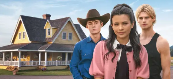 Tre unga vuxna framför ett gult hus, kanske en ny vändning i my life with the walter boys season 2.