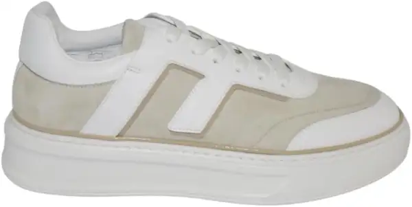 Sneakers uomo FABI bianche e beige in pelle e camoscio, con logo a H. Stile casual ed elegante.