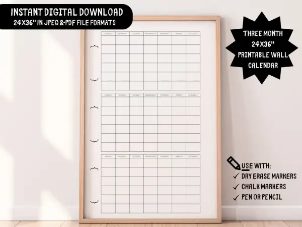 Calendario trimestral de pared imprimible, 24x36 pulgadas, ideal para planificar tus meses.