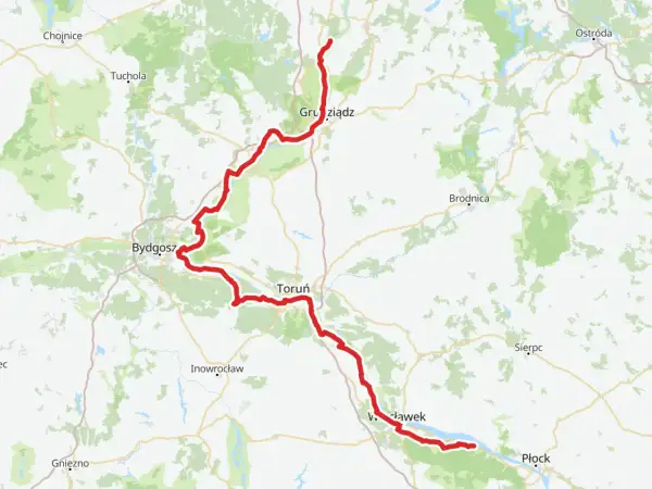 Mapa z zaznaczoną trasą rowerową wzdłuż Wisły, od Grudziądza przez Toruń do Włocławka. To fragment wiślanej trasy rowerowej Kujawsko-Pomorskie.