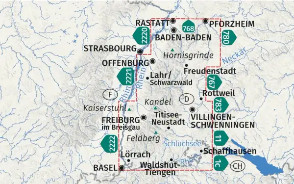 Carte touristique de la Forêt-Noire avec villes, routes et rivières.