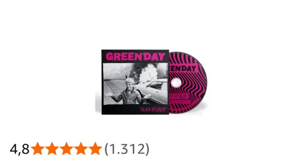 Copertina e CD di Green Day Saviors, con un ragazzo sorridente davanti a un'auto in fiamme.