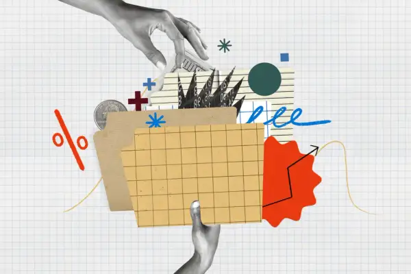 Hands interact with financial elements like money and charts, symbolizing the growth potential of the State Farm growth fund.
