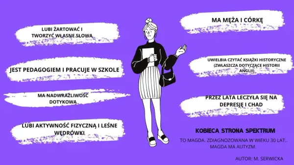 Magda, zdiagnozowana z autyzmem, ma męża i córkę. Jest pedagogiem, lubi żartować i czytać książki historyczne. Jej autyzm emocje wpływają na nadwrażliwość dotykową.