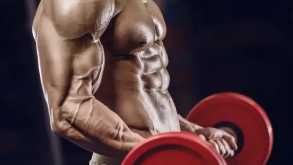Ein Mann mit stark definierten Bauchmuskeln und Armen hebt eine Hantel. Die Muskelpumpe ist deutlich sichtbar, ein Zeichen intensiven Trainings.