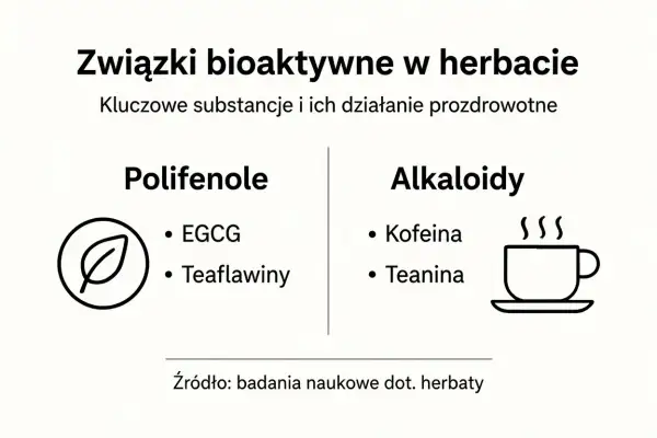 Związki bioaktywne w herbacie: polifenole (np. EGCG) i alkaloidy (kofeina, teanina). Badania naukowe o herbacie.