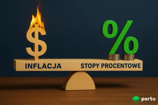 Waga pokazuje, kto ustala stopy procentowe: płonący dolar (inflacja) kontra procent na monetach (stopy procentowe).