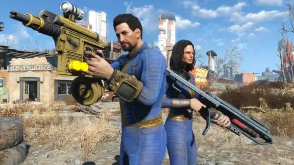 Dos supervivientes con trajes azules de Vault-Tec, armados y listos para la acción en un páramo postapocalíptico. ¡Los **códigos Fallout 4** podrían ser su única esperanza!