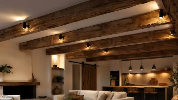 Poutre apparente en bois vieilli, éclairée par des spots discrets. Ambiance rustique et chaleureuse.