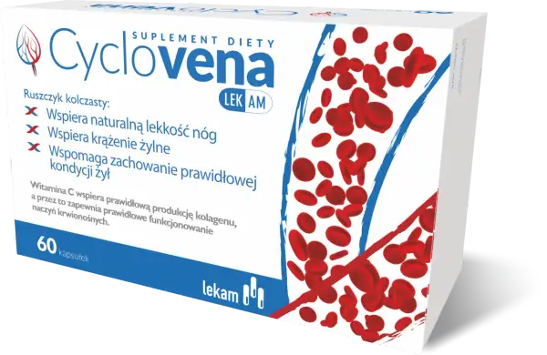 Opakowanie suplementu diety Cyclovena z czerwonymi krwinkami. Wspiera lekkość nóg i krążenie żylne.