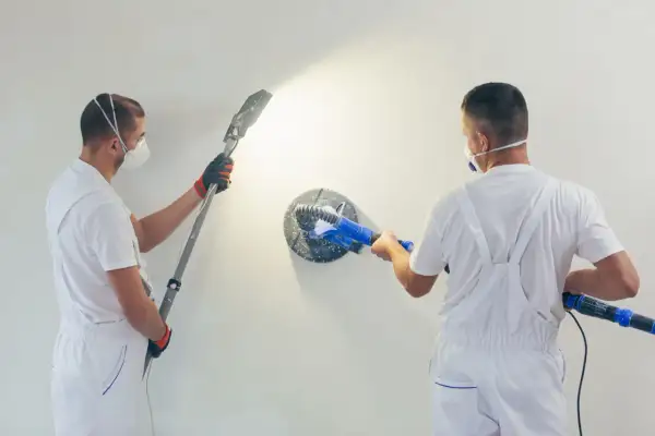 Deux ouvriers en combinaison blanche utilisent des ponceuses pour mur. L'un ponce le haut du mur, l'autre le centre.