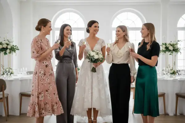 Fünf Frauen stoßen mit Champagner an. Die Braut in Weiß hält einen Blumenstrauß. Ein lässiger Chic für die Hochzeit.