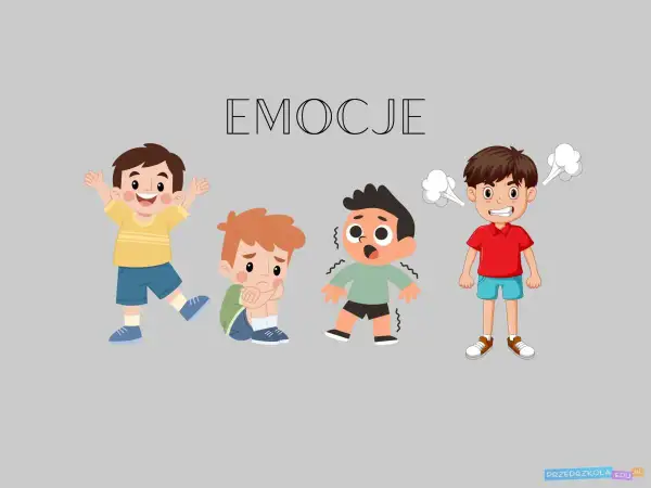 Radość, smutek, strach i złość – cztery różne emocje na obrazku, idealne do zabaw z emocjami w przedszkolu.