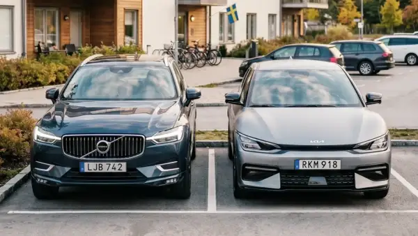 Två elbilar, en Volvo och en Kia, parkerade framför ett modernt hus. Kanske redo för en resa med klimatbonus elbil.