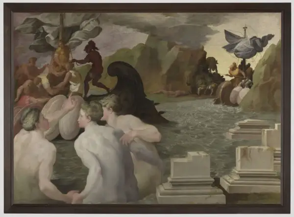 Ulysse navigue entre Charybde et Scylla. Des figures nues luttent dans les eaux agitées, tandis qu'un navire est pris dans un tourbillon menaçant.