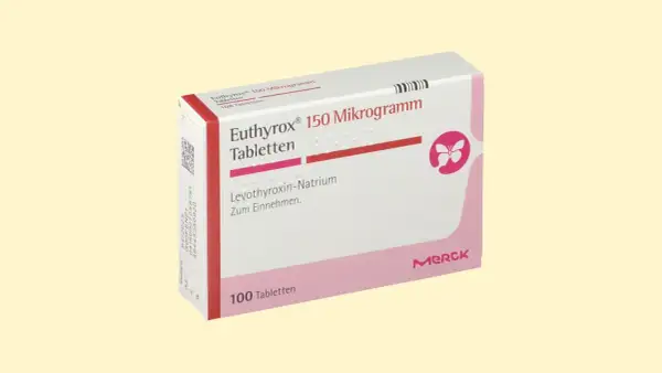 Opakowanie Euthyrox 150 mikrogramów. Pytanie: czy brać Euthyrox przed badaniami krwi? Lek zawiera lewotyroksynę.