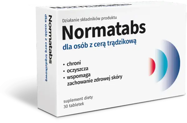 Opakowanie suplementu diety Normatabs dla osób z cerą trądzikową. Wspiera ochronę, oczyszczanie i zdrowy wygląd skóry.