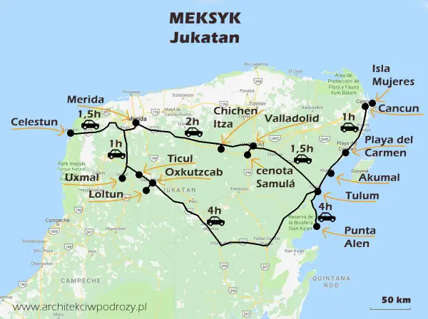 Trasa po Jukatan, Meksyk: Celestun, Uxmal, Loltun, Chichen Itza, cenota Samulá, Valladolid, Cancun, Playa del Carmen, Tulum, Punta Allen.